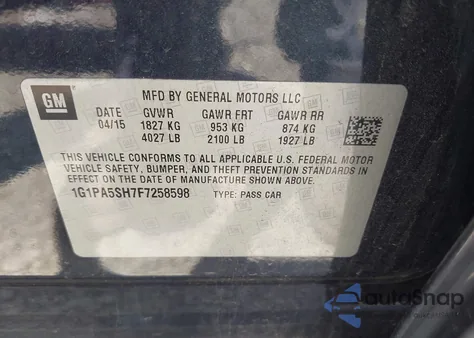 2015 Chevrolet Cruze Ls Auto из США, поврежденный, VIN 1G1PA5SH7F7258598